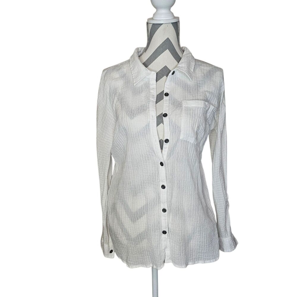 BKE White Gauze Button Down Shirt Rope Lace Up Back Boho Boyfriend Cotton Lg